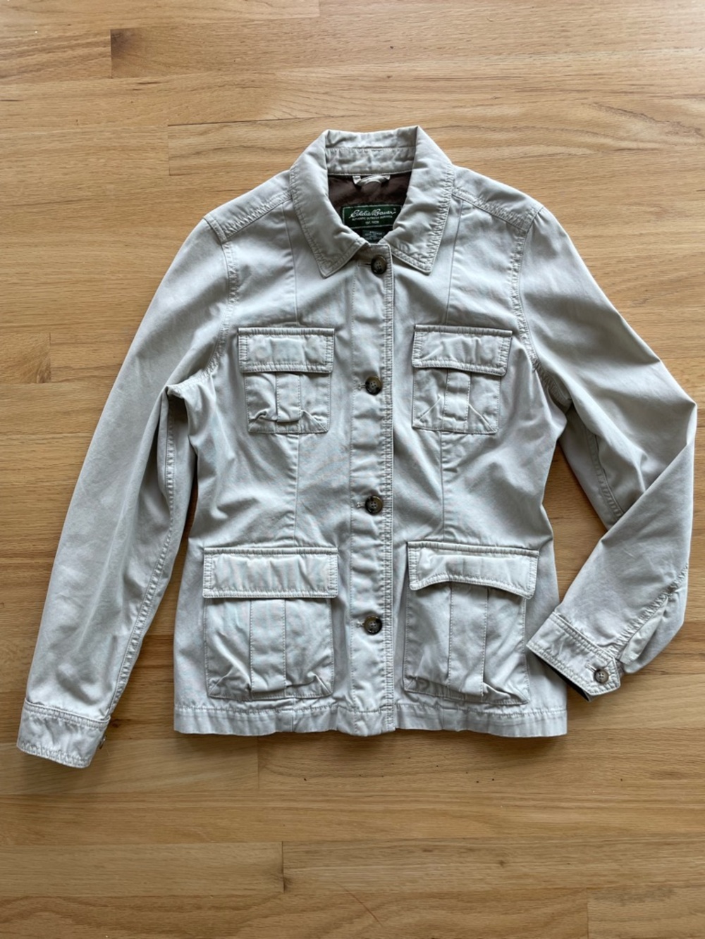 Eddie Bauer S Khaki Lightweight Utility Jacket 100% Cotton Cargo Pocket 4-Button